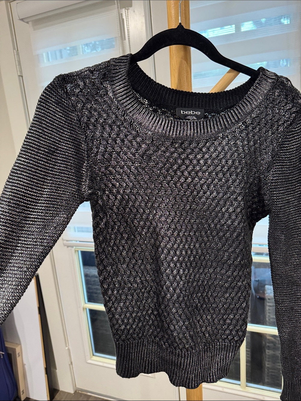 bebe Black Textured Crewneck Sweater